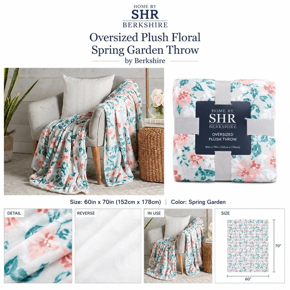 Berkshire Blanket‎ Home SHR Oversized Plush Spring Garden Throw Pink Teal 60x70